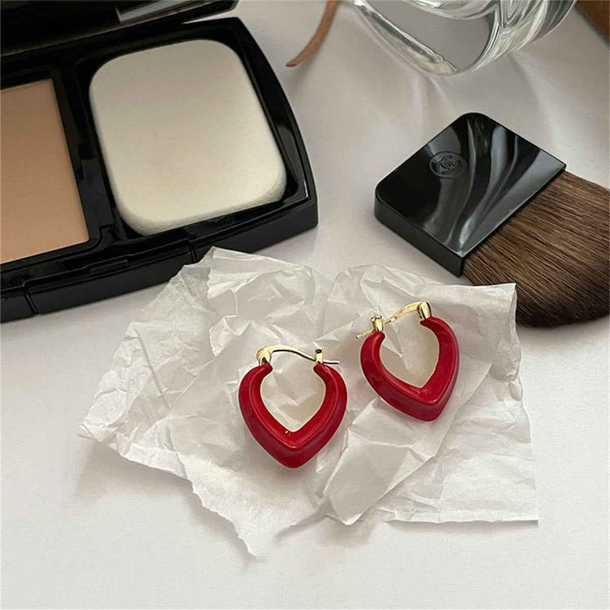 Red Enamel and 18K Gold-Plated Abstract Heart Hoop Earrings, gold stud earrings for women, detail close-up