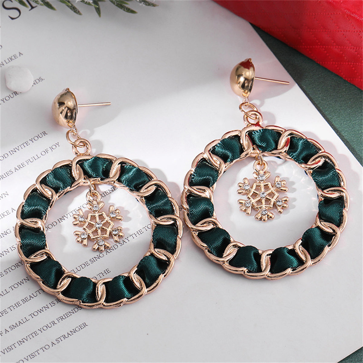 Red Enamel and Polyster 18K Gold-Plated Snowflake Drop Earrings, gold drop earrings for women, detail close-up