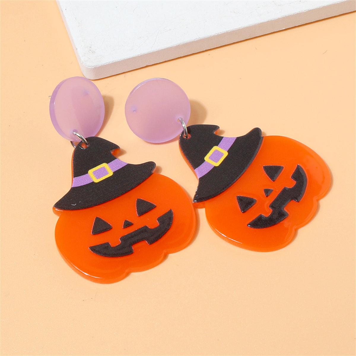 Orange Witch Hat Jack-O'-Lantern Drop Earrings, drop earrings for women, vintage-inspired design, front view
