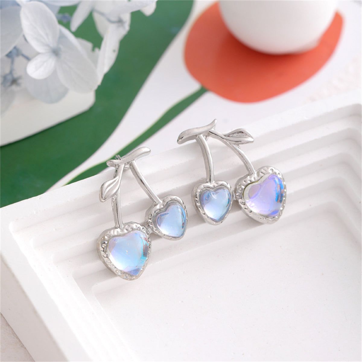 Blue Quartz and Silver-Plated Cherry Heart Stud Earrings, silver stud earrings for women, detail close-up