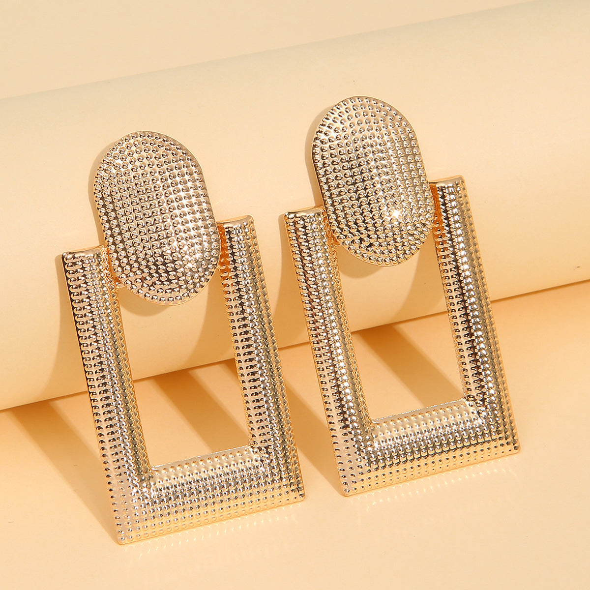 18K Gold-Plated Studded Open Rectangle Drop Earrings, gold drop earrings for women, everyday style, side view