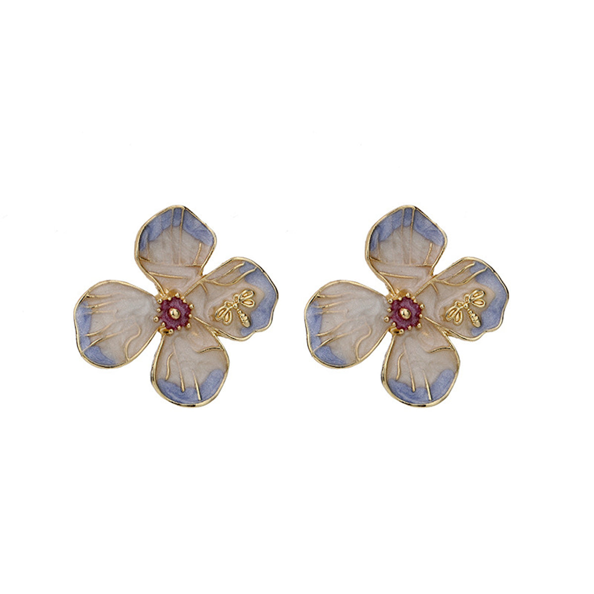 Purple Enamel and 18K Gold-Plated Bee Flower Stud Earrings, gold stud earrings for women, vintage-inspired design, front view