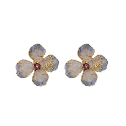 Purple Enamel and 18K Gold-Plated Bee Flower Stud Earrings, gold stud earrings for women, vintage-inspired design, front view
