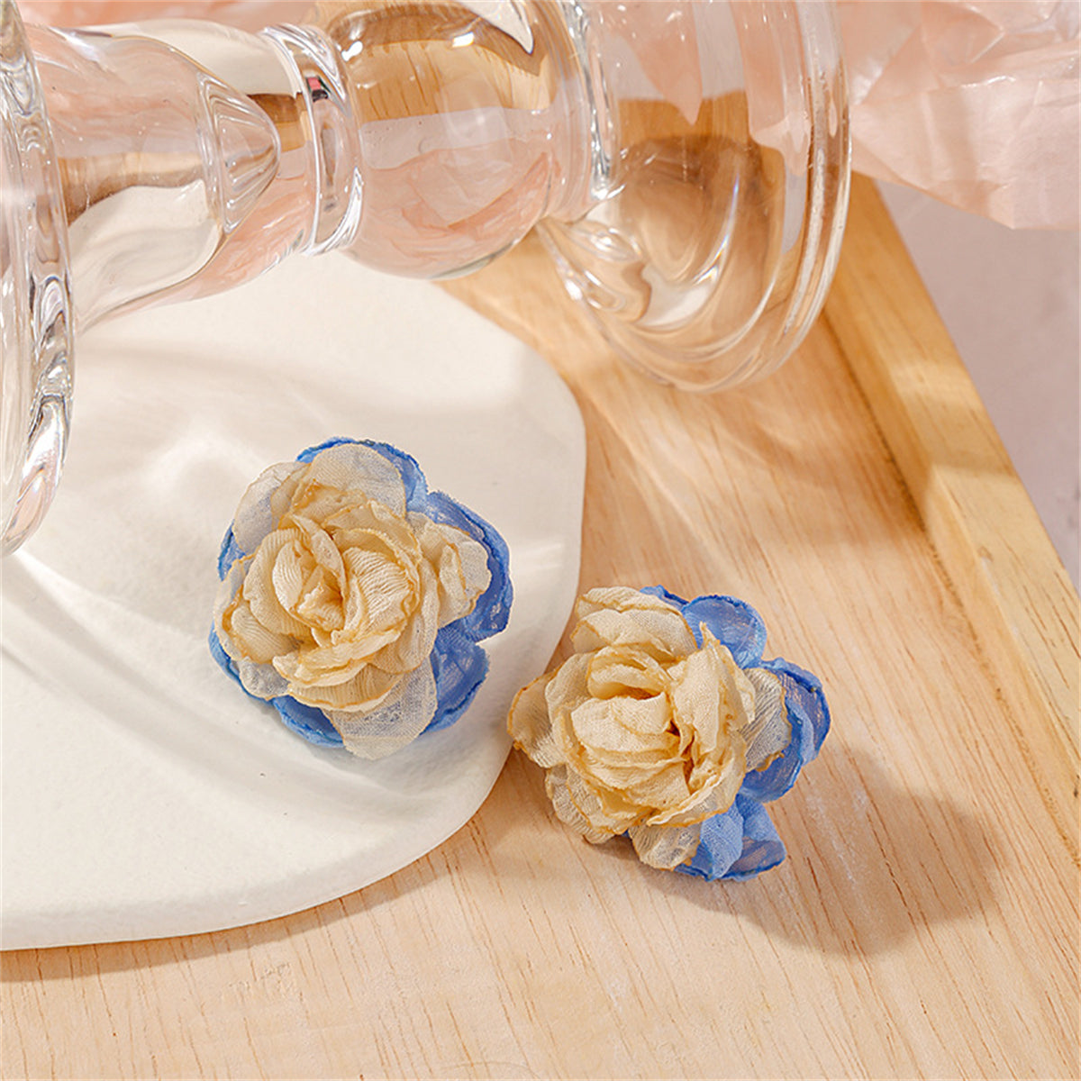 Beige & Blue Chiffon Flower Stud Earrings