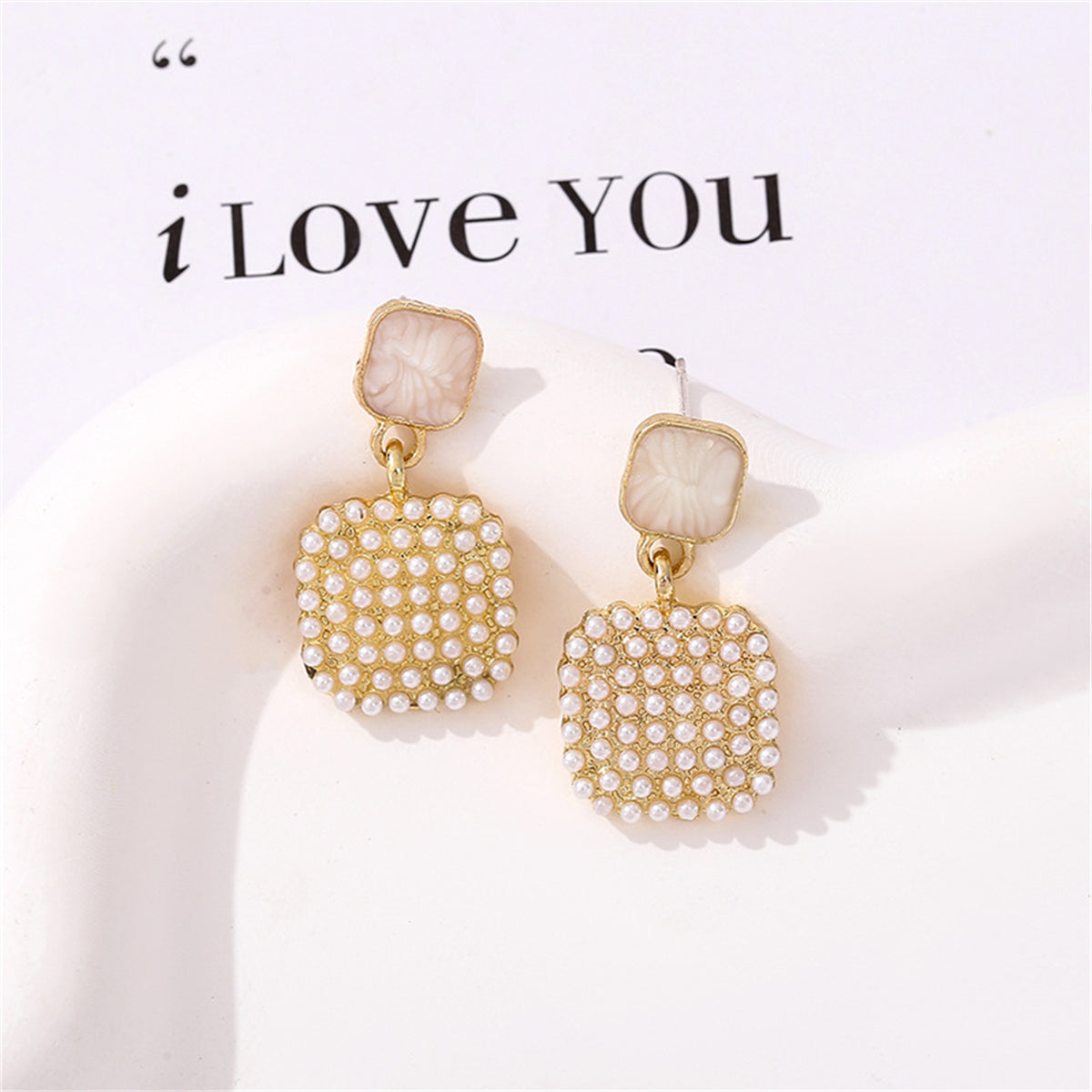 Pearl and Enamel 18K Gold-Plated Square Drop Earrings, gold drop earrings for women, detail close-up