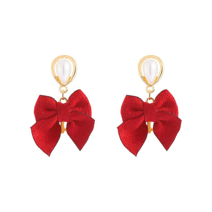 Pearl and Polyster 18K Gold-Plated Bow Drop Earring, gold drop earrings for women, dainty minimalist design, styled look