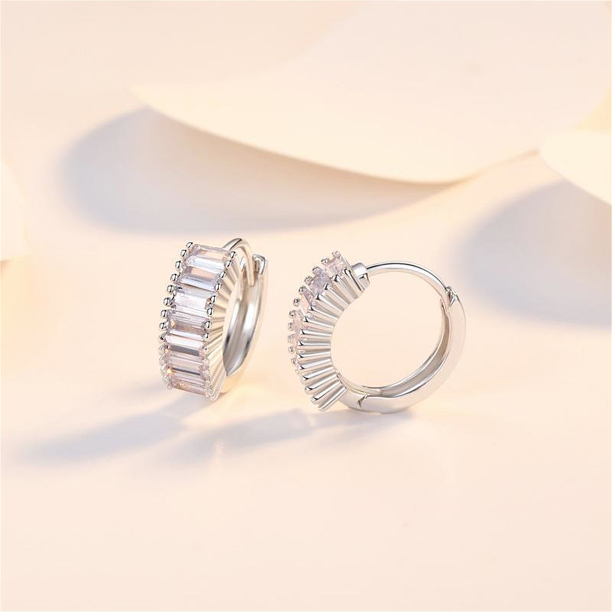 Crystal and Silver-Plated Cushion-Cut Huggie Earrings, silver huggie earrings, botanical inspired, detail close-up