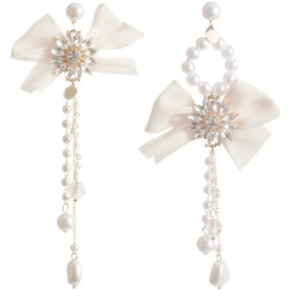 Pearl and Crystal Pearl 18K Gold-Plated Bow Flower Tassel Drop Earrings, gold drop earrings for women, front view
