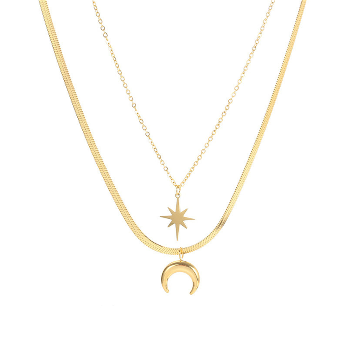 18K Gold-Plated Celestial Snake-Chain Layered Necklace, gold pendant necklace for women, elegant gift for her, front view