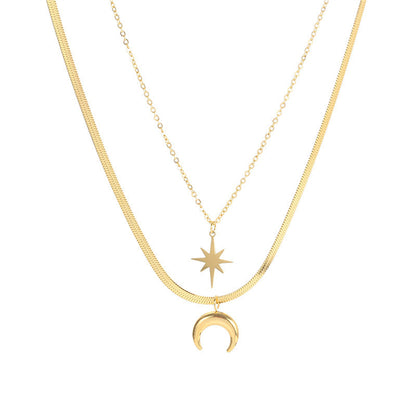 18K Gold-Plated Celestial Snake-Chain Layered Necklace, gold pendant necklace for women, elegant gift for her, front view