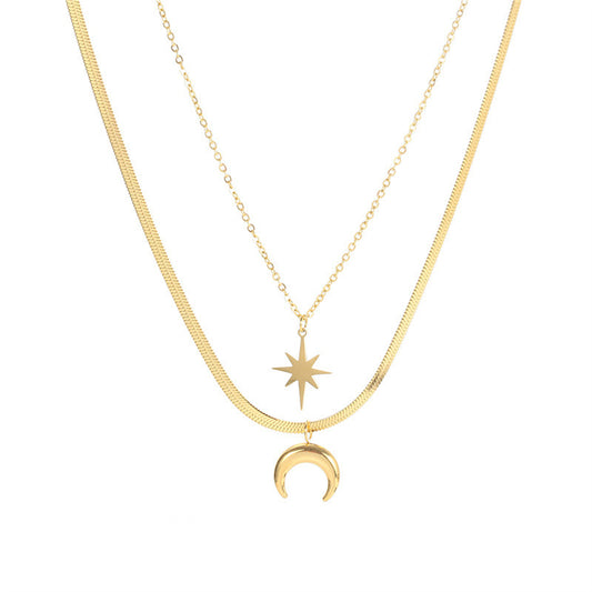 18K Gold-Plated Celestial Snake-Chain Layered Necklace, gold pendant necklace for women, elegant gift for her, front view