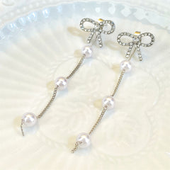 Cubic Zirconia & Pearl Silver-Plated Bow Dangle Ear Jackets