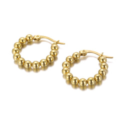 Gorgeous gold ball hoop earrings, crafted from 18K gold plating, adding a touch of elegance to your jewelry collection.