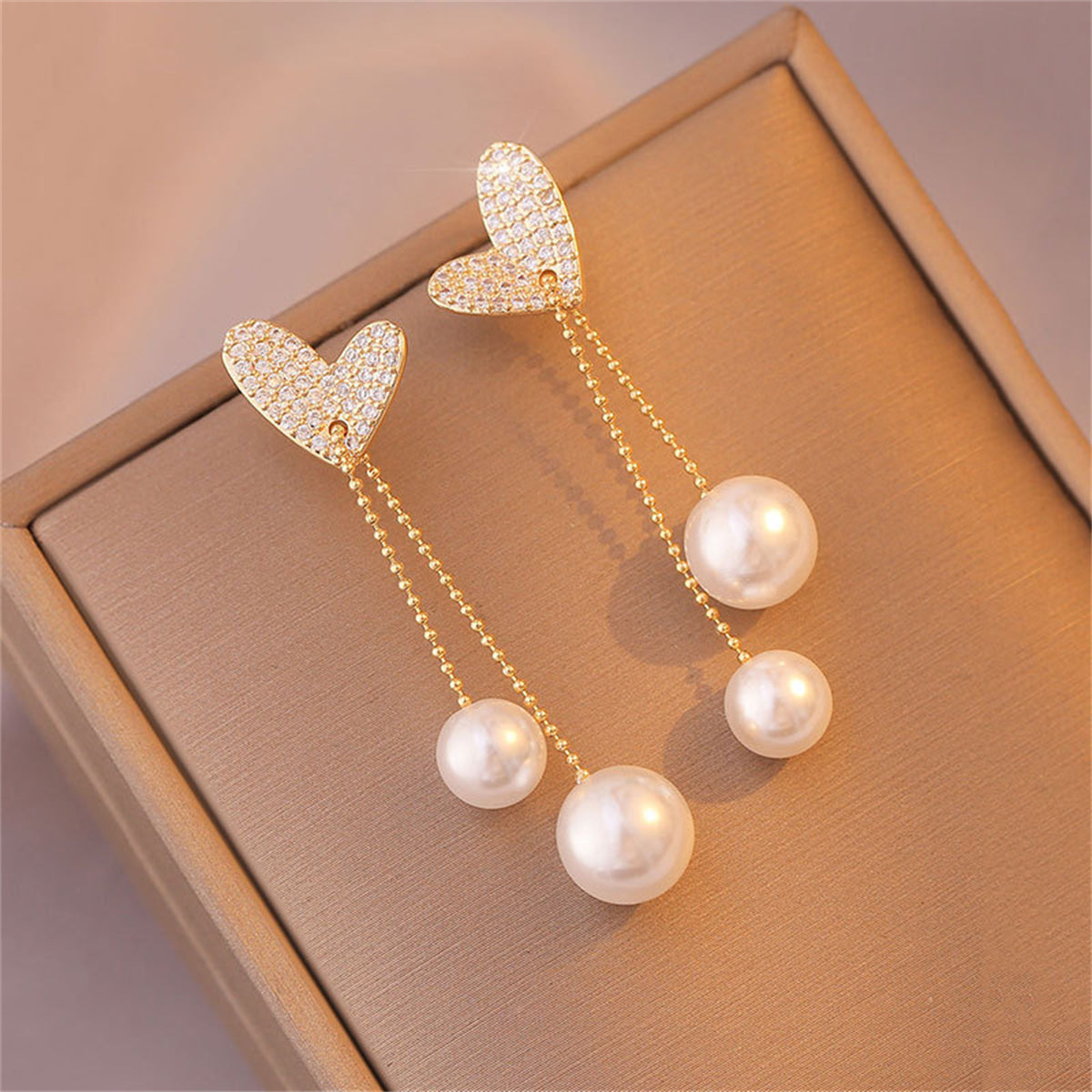 Cubic Zirconia and Pearl 18K Gold-Plated Heart Bead Drop Earrings, gold drop earrings for women, detail close-up