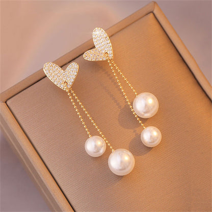 Cubic Zirconia and Pearl 18K Gold-Plated Heart Bead Drop Earrings, gold drop earrings for women, detail close-up