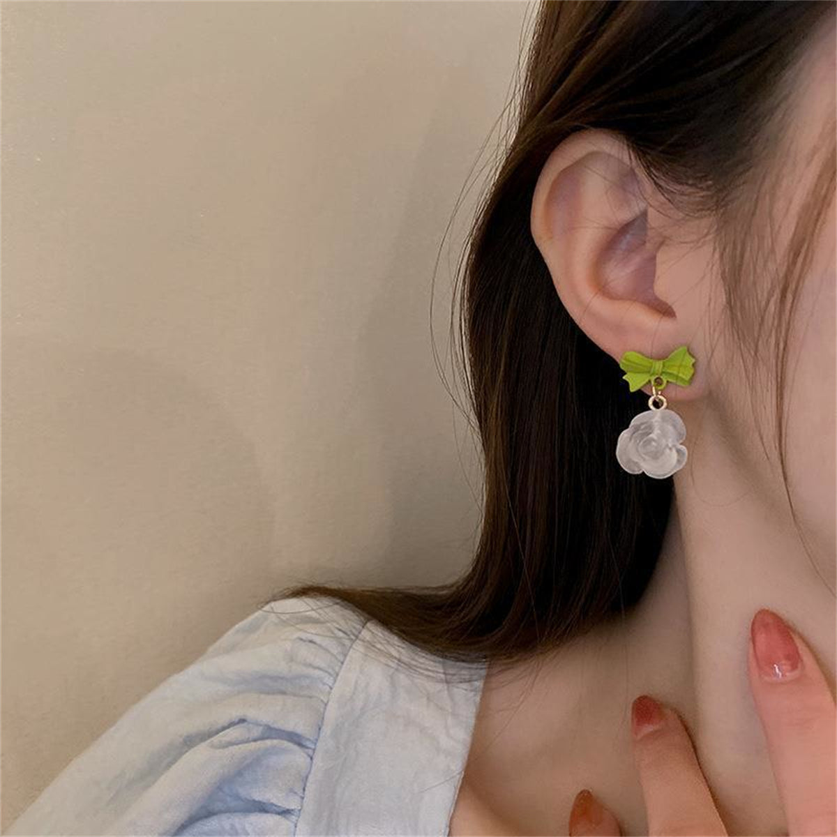 Green & Translucent Bow & Rose Drop Earrings