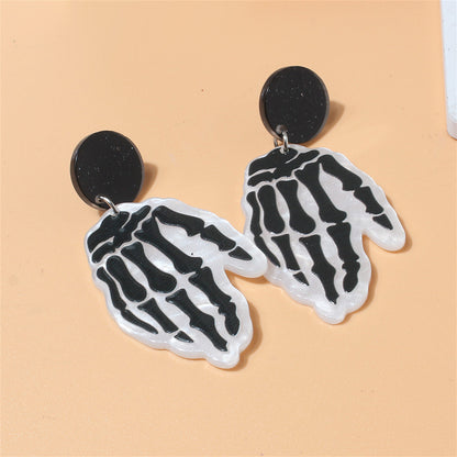 Black Acrylic and Silver-Plated Skeleton Hands Drop Earrings, silver drop earrings for women, front view