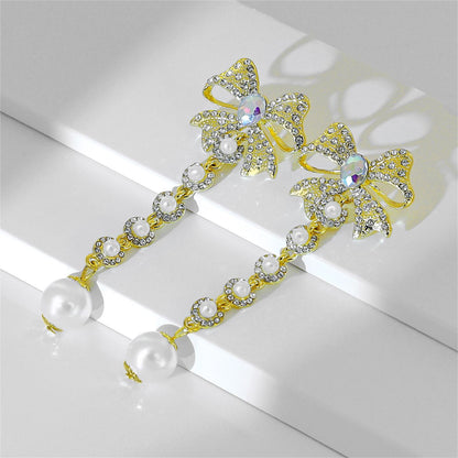 Pearl and Cubic Zirconia Crystal-Accent 18K Gold-Plated Bow Bead Drop Earrings, gold drop earrings for women, side view