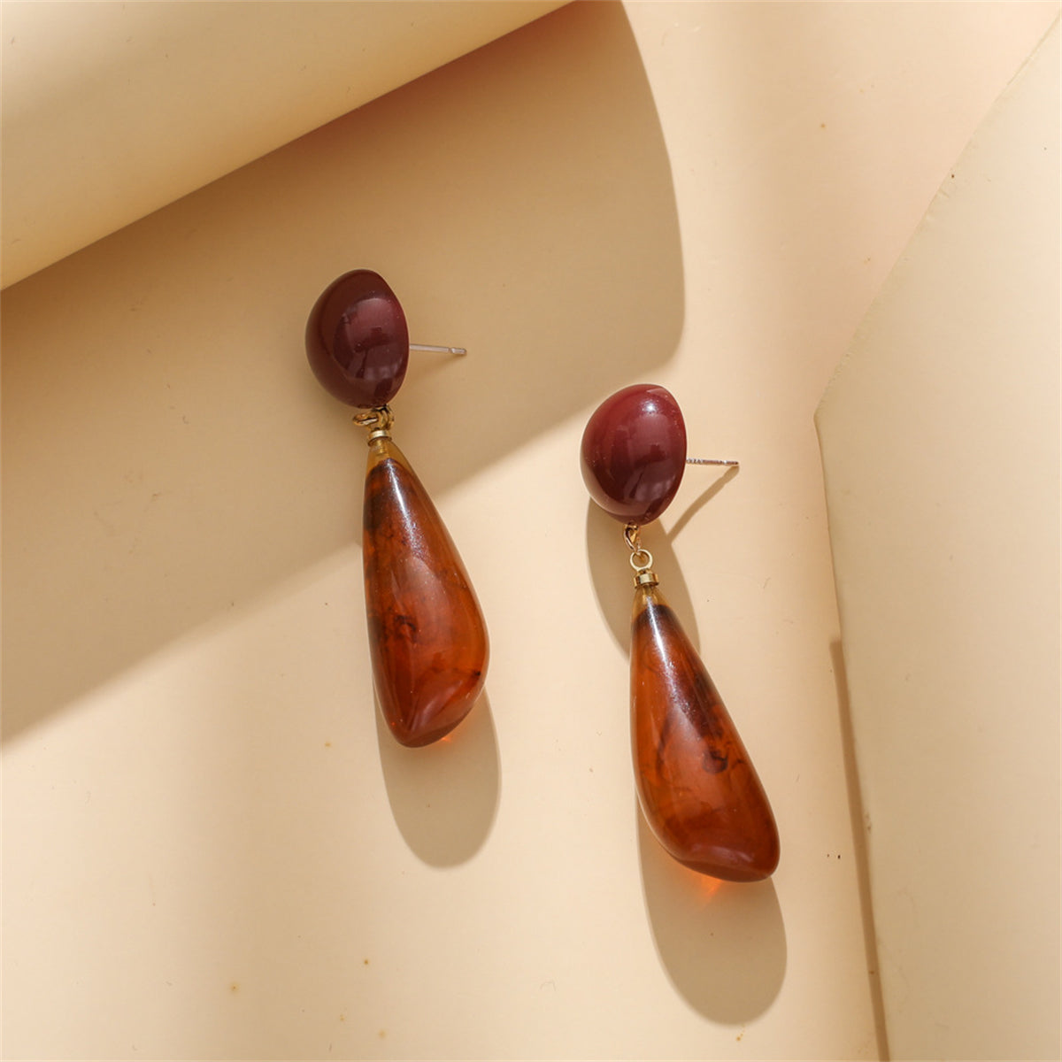 Brown Resin and 18K Gold-Plated Drop Earrings, gold drop earrings for women, everyday style, front view