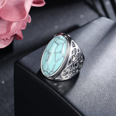 Turquoise & Silver-Plated Oval-Cut Ring