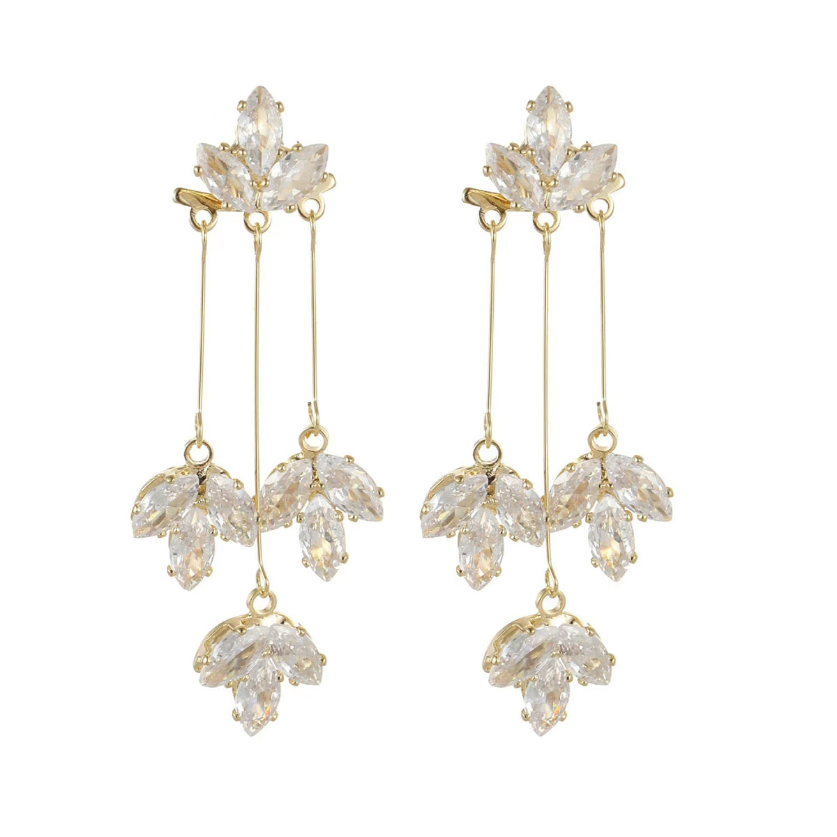 Crystal and 18K Gold-Plated Floral Drop Earrings, gold drop earrings for women, dainty minimalist design, front view