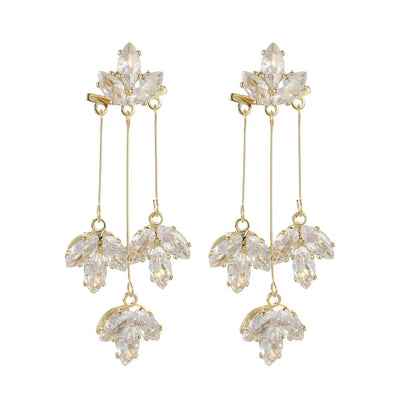 Crystal and 18K Gold-Plated Floral Drop Earrings, gold drop earrings for women, dainty minimalist design, front view