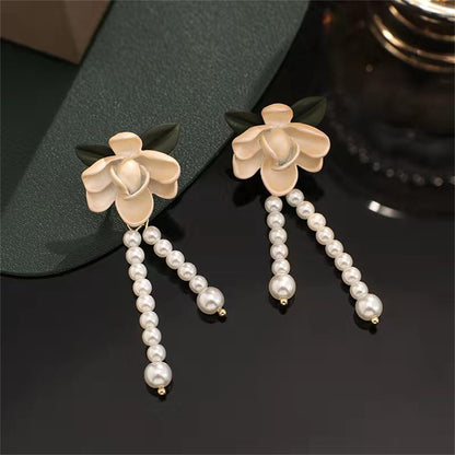 Pearl and Enamel 18K Gold-Plated Flower Drop Earrings, gold drop earrings for women, dainty minimalist design, side view