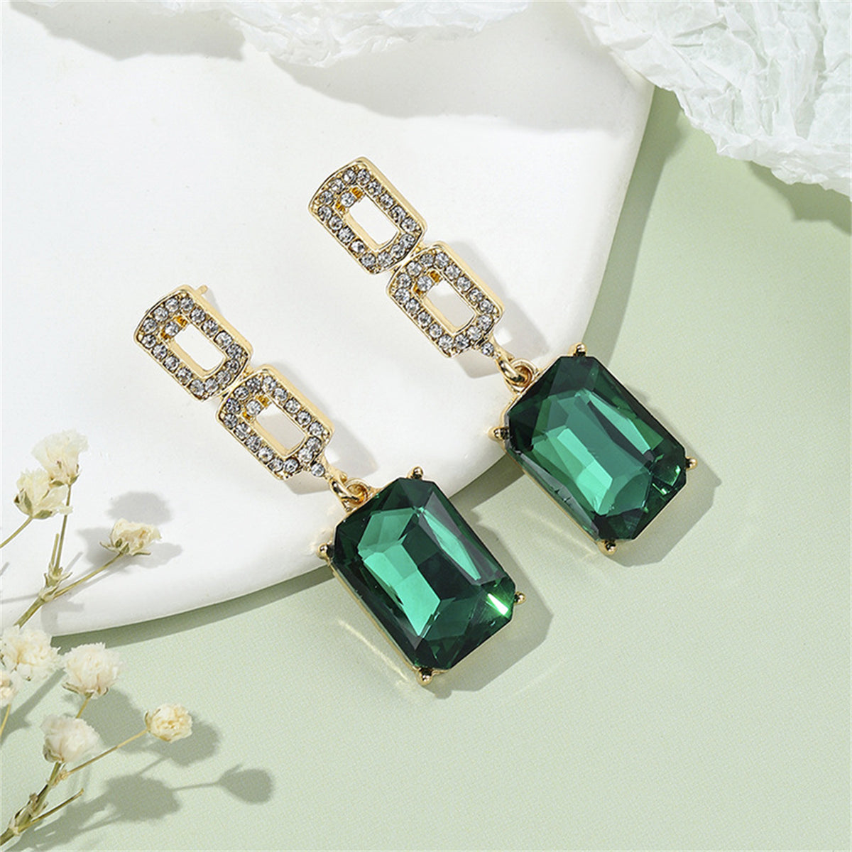 Cubic Zirconia and Green Crystal 18K Gold-Plated Square Drop Earrings, gold drop earrings for women, styled look