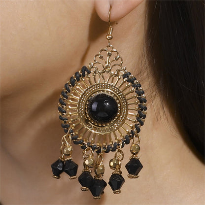 Black Acrylic and Enamel 18K Gold-Plated Openwork Round Drop Earrings, gold drop earrings for women, lifestyle look