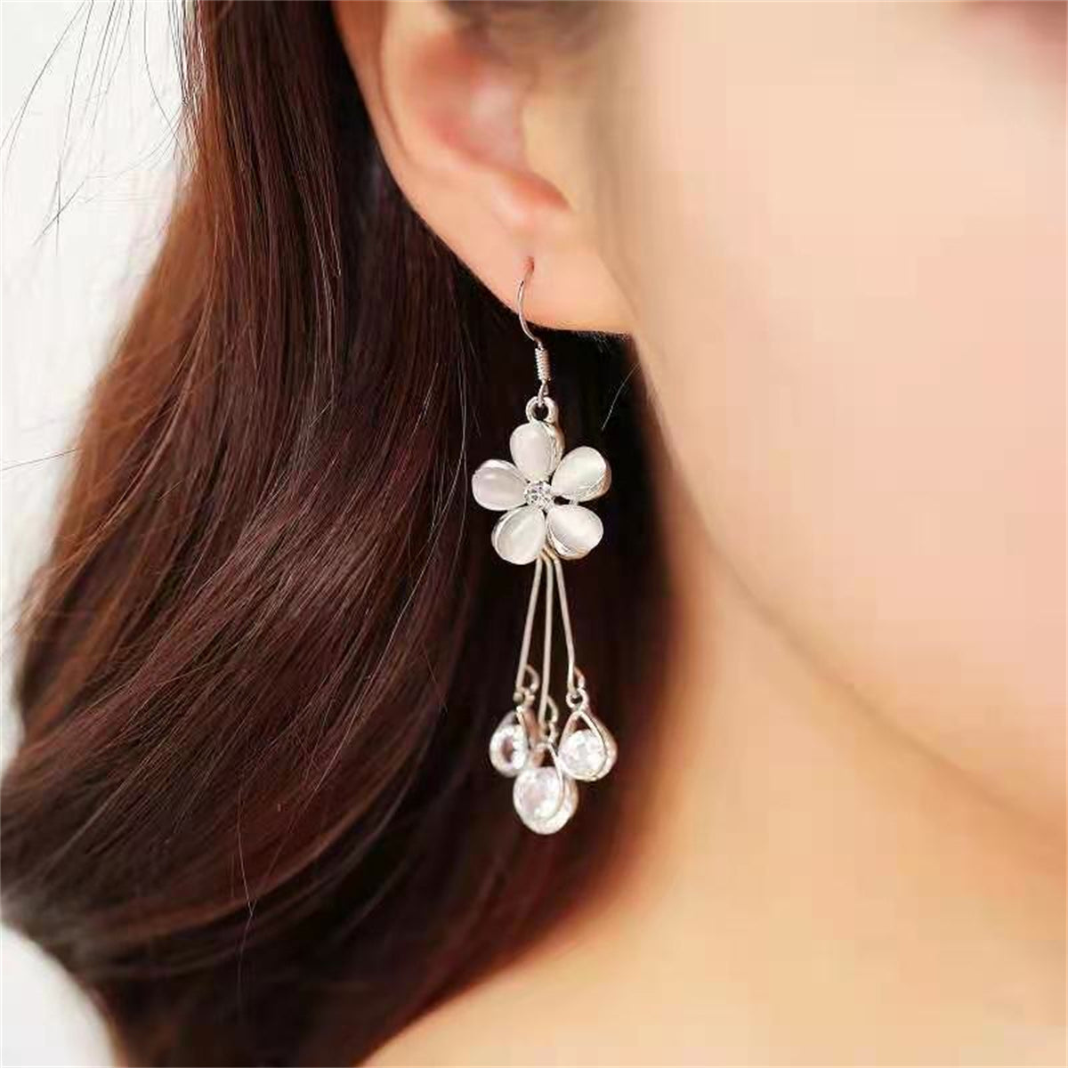 Cateye & Cubic Zirconia Silver-Plated Floral Teardrop Tassel Drop Earrings