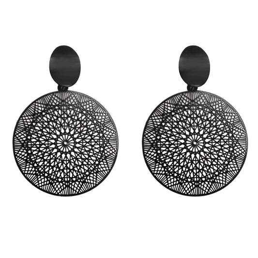 Black Celestial Plate Drop Earrings, drop earrings for women, botanical inspired, front view