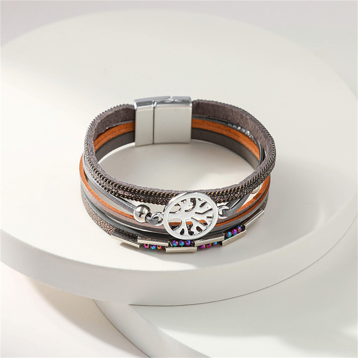 Iridescent Cubic Zirconia and Gray Tree Of Life Stacked Bracelet, bracelet for women, botanical inspired, detail close-up