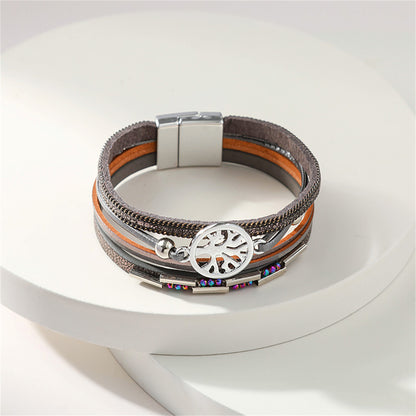 Iridescent Cubic Zirconia and Gray Tree Of Life Stacked Bracelet, bracelet for women, botanical inspired, detail close-up
