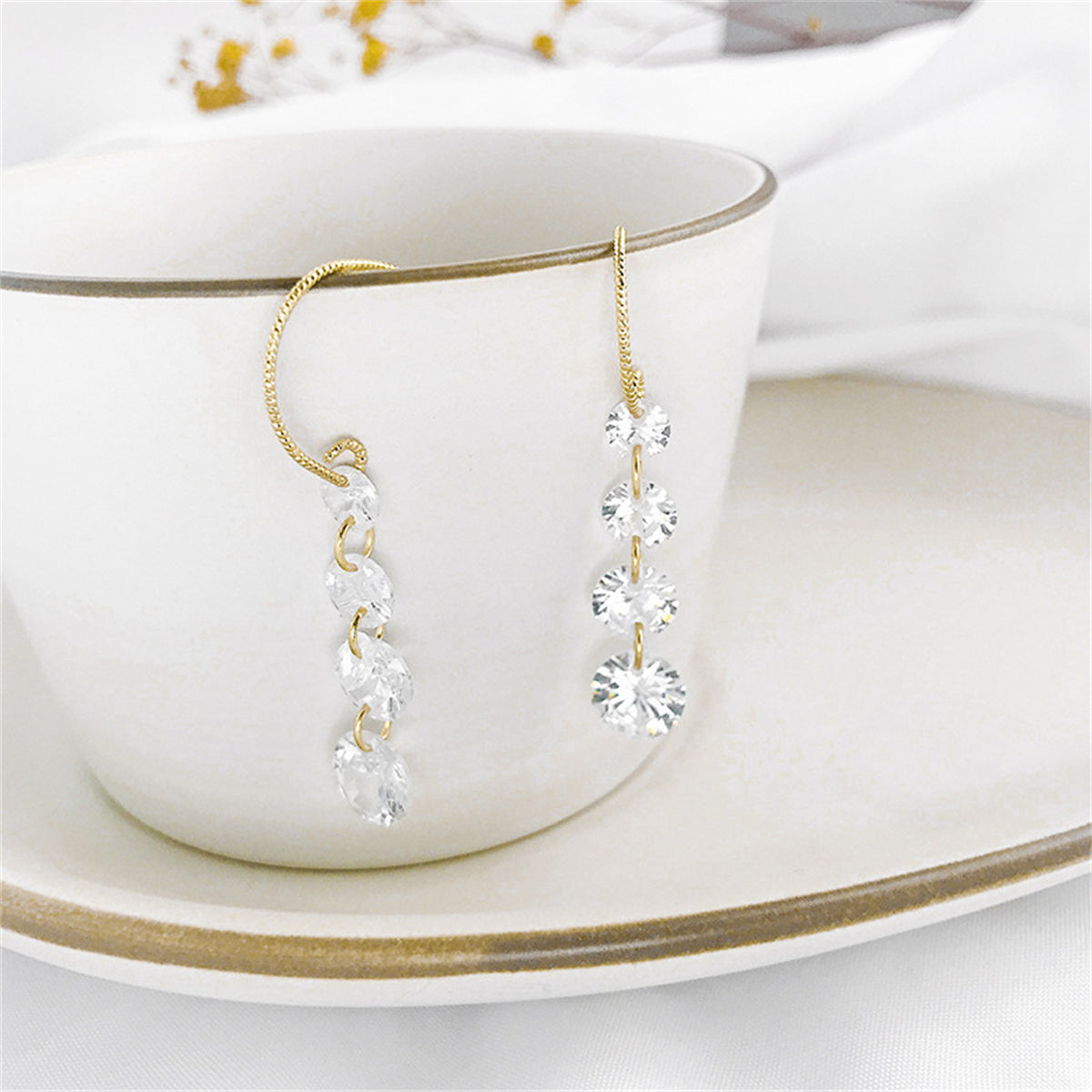Cubic Zirconia & 18K Gold-Plated Linked Threader Earrings