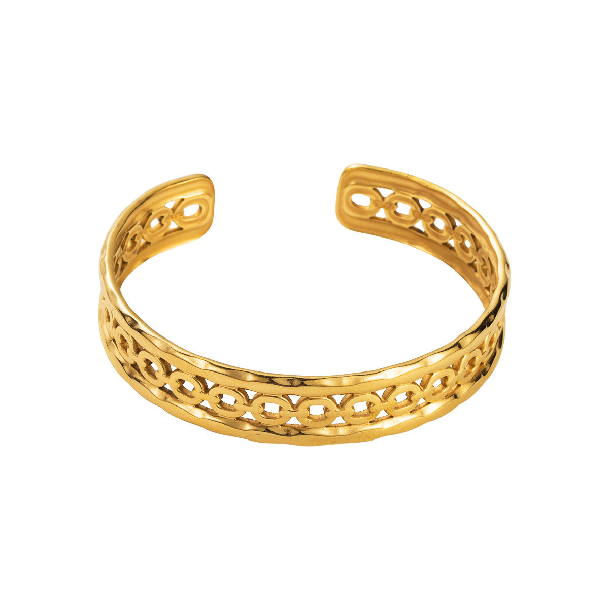 Chic 18K gold-plated cable cuff bracelet adorned with intricate designs, perfect for making a stylish statement.