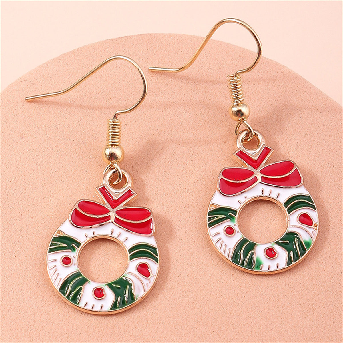 White and Red Enamel 18K Gold-Plated Bow Wreath Drop Earrings, gold drop earrings for women, detail close-up