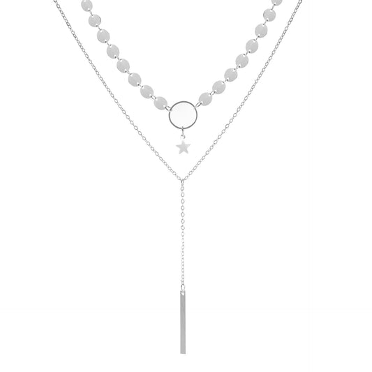 Silver-Plated Disc Star Layered Choker Necklace, silver pendant necklace for women, vintage-inspired design, front view