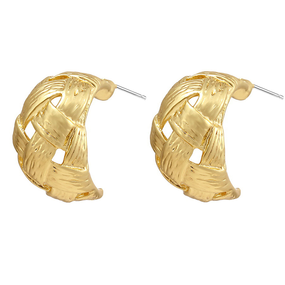 18K Gold-Plated Weave-Accent Huggie Earrings, gold huggie earrings, vintage-inspired design, front view