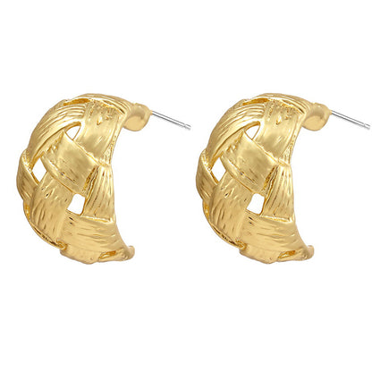 18K Gold-Plated Weave-Accent Huggie Earrings, gold huggie earrings, vintage-inspired design, front view