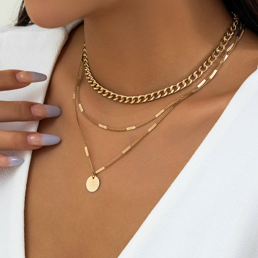 18K Gold-Plated Cuban Chain Pendant Layered Necklace, gold pendant necklace for women, vintage-inspired design, front view
