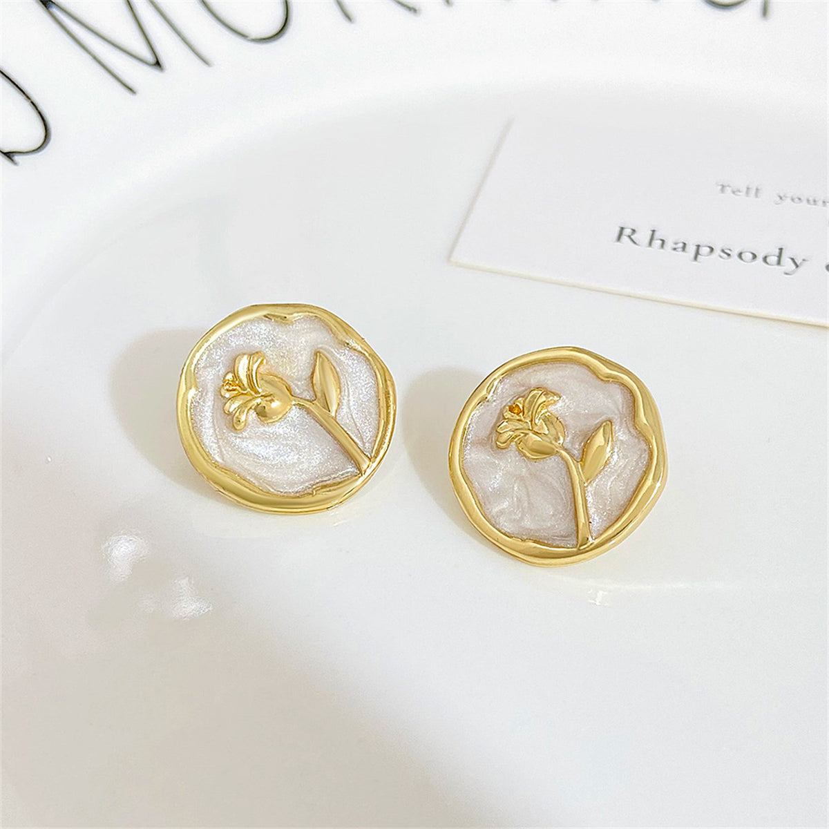 White Enamel & 18K Gold-Plated Rose Round Stud Earrings