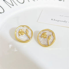 White Enamel & 18K Gold-Plated Rose Round Stud Earrings