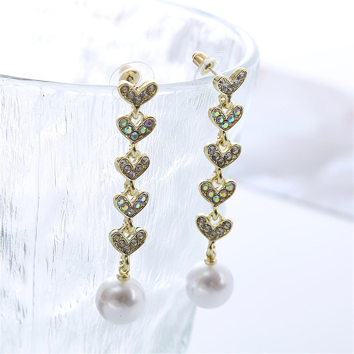 Cubic Zirconia & Pearl 18K Gold-Plated Linked Heart Drop Earrings
