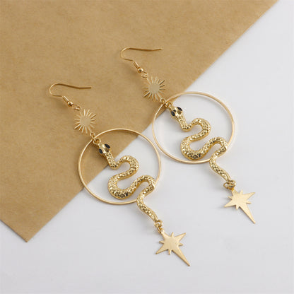 18K Gold-Plated Snake Star Drop Earrings, gold drop earrings for women, botanical inspired, side view
