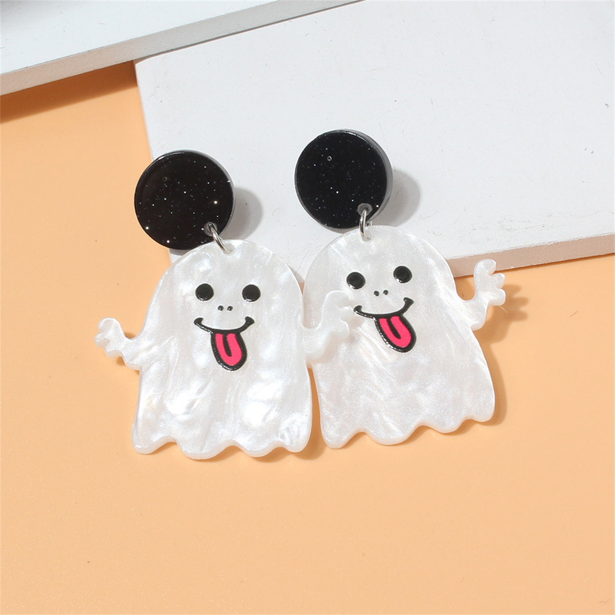 Black and White Ghost Drop Earrings, drop earrings for women, vintage-inspired design, detail close-up