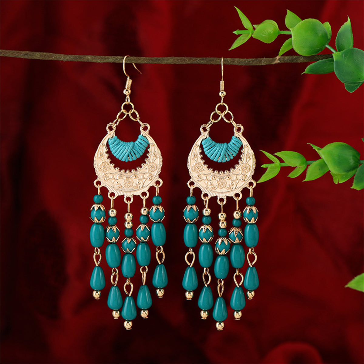 Green Resin and Polyster 18K Gold-Plated Tassel Drop Earrings, gold drop earrings for women, elegant gift for her, side view