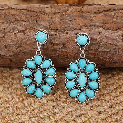 Turquoise and Silver-Plated Round Oval Drop Earrings, silver drop earrings for women, everyday style, detail close-up