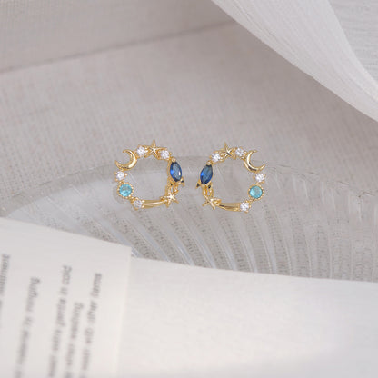 Blue Crystal & Cubic Zirconia 18K Gold-Plated Moon & Star Stud Earrings