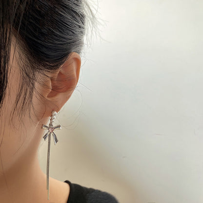 Pearl and Silver-Plated Bow Tassel Drop Earrings, silver drop earrings for women, botanical inspired, lifestyle look