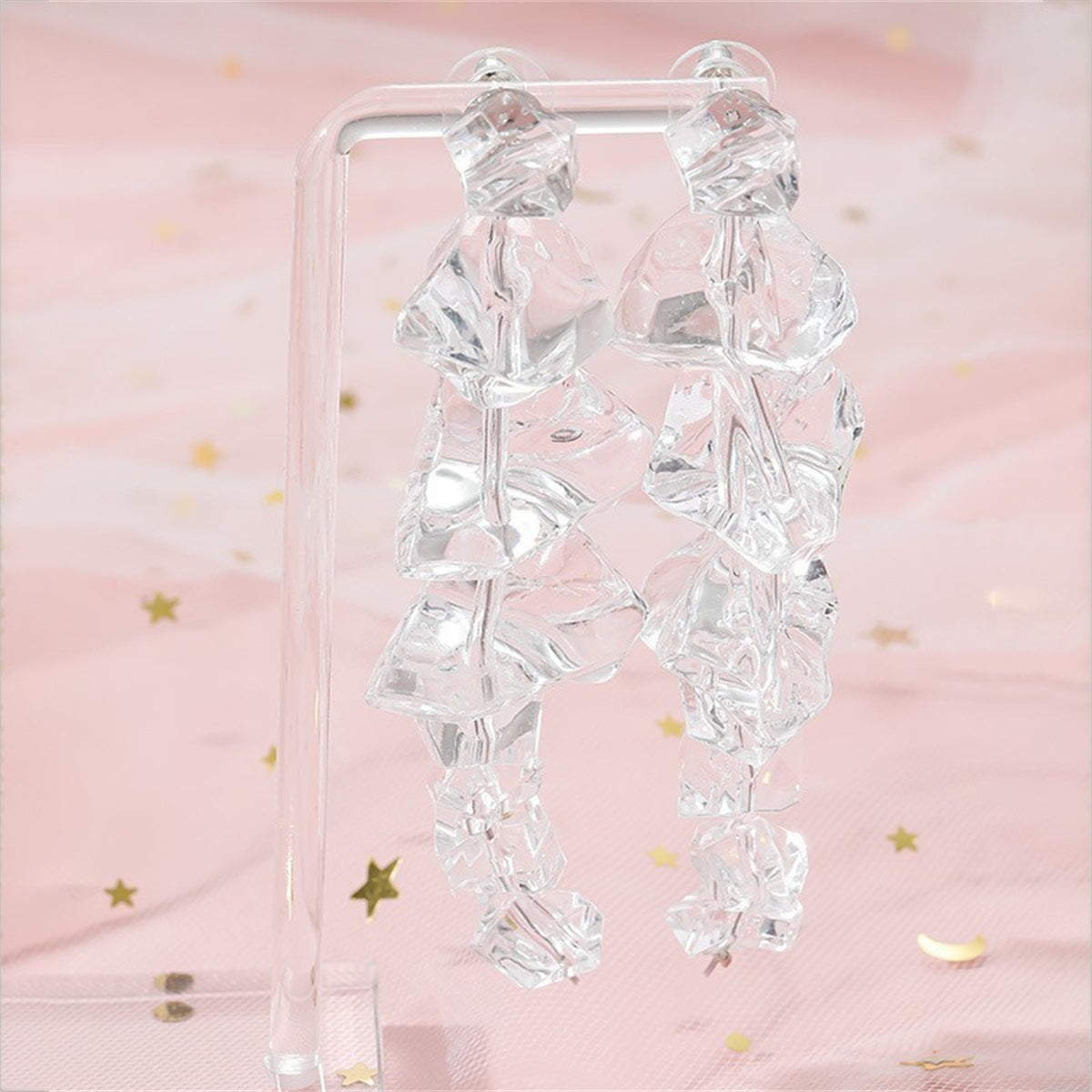 Clear Acrylic and Silver-Plated Icicle Drop Earrings, silver drop earrings for women, botanical inspired, side view